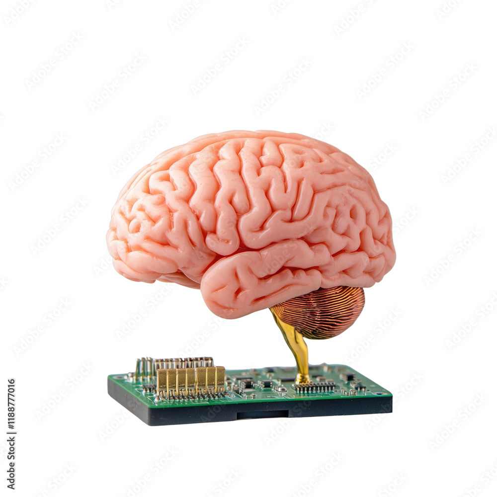 Poster a detailed representation of a brain model mounted on a circuit board, emphasizing the connection be
