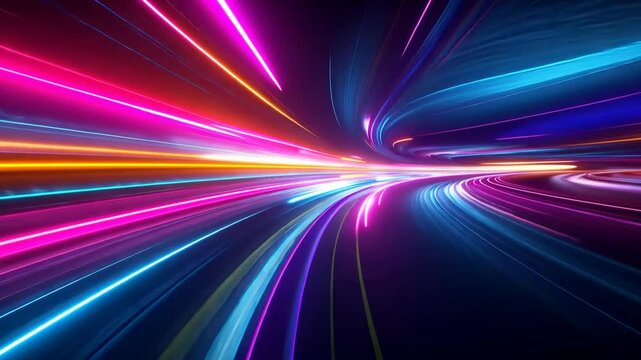 A dynamic retro-futuristic warp space scene featuring glowing neon lines in a hyper-speed tunnel effect, with vivid gradients and a sci-fi aesthetic.