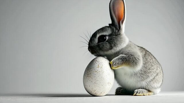 An adorable Easter bunny with a single, beautifully decorated Easter egg on a white background.