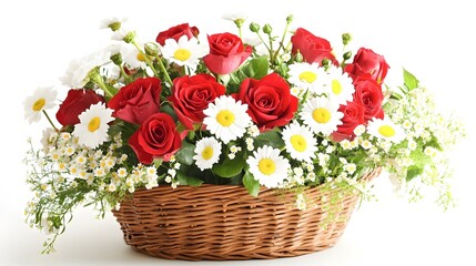 Fototapeta premium 24. Basket with fresh roses and daisies on a white background, perfect for gifting during a special occasion