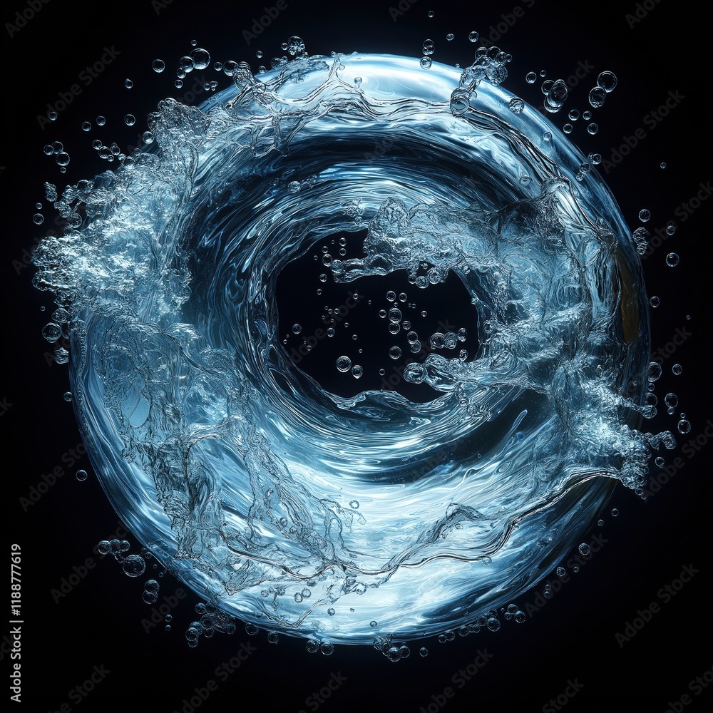 Poster dynamic water orb with swirling motion, various sized bubbles. intricate water textures, patterns cr