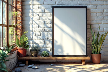 Large Vertical Empty Frame Mockup in Bright Natural Interior with Plants