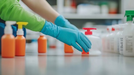 Cleaning and Disinfecting Office Desks with Gloves and Sprays for Workplace Sanitization