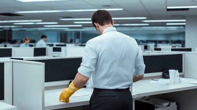 Office Workers Disinfecting Desks with Protective Gear and Cleaning Supplies - Powered by Adobe