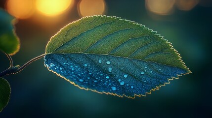 Close-up of a leaf with water droplets, backlit by warm sunlight.
