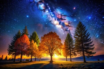 Naklejka premium Starry Night Forest, Mystical Trees, Galactic Landscape