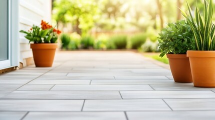 Fototapeta premium Cozy Outdoor Patio with Potted Plants and Minimal Furniture for Summer Gatherings