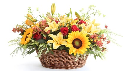 Fototapeta premium 28. A charming basket of sunflowers, lilies, and roses set on a white background, perfect for celebratory occasions