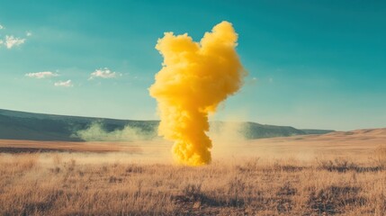 Yellow smoke plume explodes in a dry field under a clear sky.