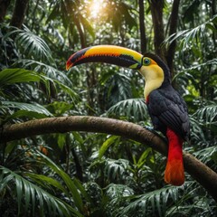 Fototapeta premium A toucan perched in the rainforest with its vivid beak shining.A toucan with its colorful beak against a dense jungle background.