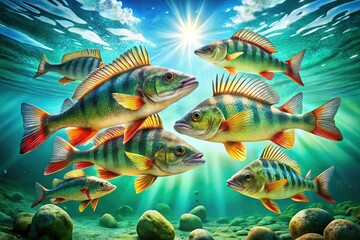 Fototapeta premium Stunning Turquoise Water Perch School, Underwater Photography, Bright Fish, Crystal Clear Ocean