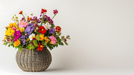 34. A vibrant flower basket on a clean white backdrop, perfect for a festive or spiritual occasion