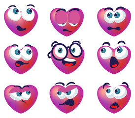 Set of heart character's emotions isolated on transparent background cutout.