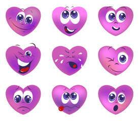 Set of heart character's emotions isolated on transparent background cutout.