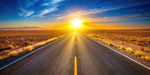 Naklejka premium Sun-Drenched Desert Highway: Endless Straight Road, Majestic Landscape Photography