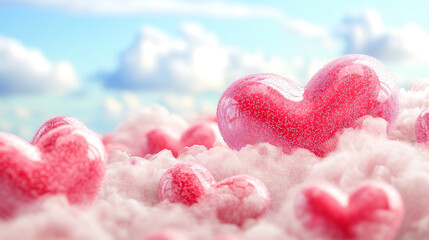 Obraz premium dreamy Valentine Day background with soft pink hearts floating in clouds, creating romantic and whimsical atmosphere. Perfect for love themed designs