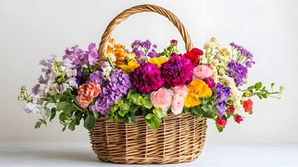 38. A graceful basket of mixed flowers, ideal for auspicious events and celebrations against a white background