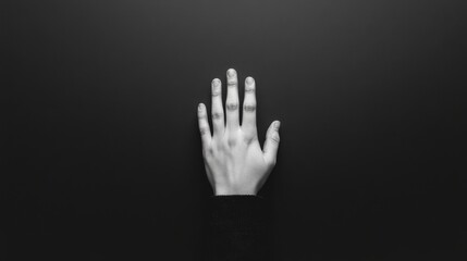 Obraz premium A high-angle, close-up shot of a single, white plaster hand against a dark background.