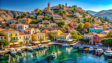 Obraz premium Symi Island Greece: Picturesque Harbor, Colorful Houses, Sunny Beaches, Dodecanese Islands, Greek Vacation