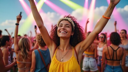 Young Woman Enjoying Music at a Vibrant Outdoor Event