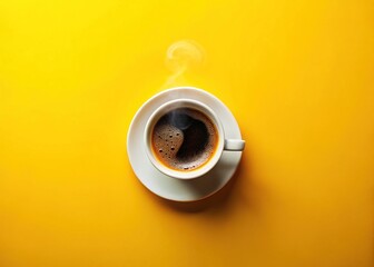 Top View Coffee Cup, Hot Coffee, Yellow Background, Fresh Brew, Aromatic Coffee, Coffee Drink, Morning Coffee
