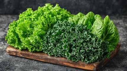 Fresh Green Leafy Vegetables On Wooden Board