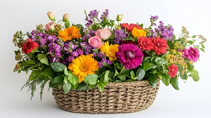 44. A beautifully arranged flower basket filled with colorful blooms set on a white background, perfect for gifting