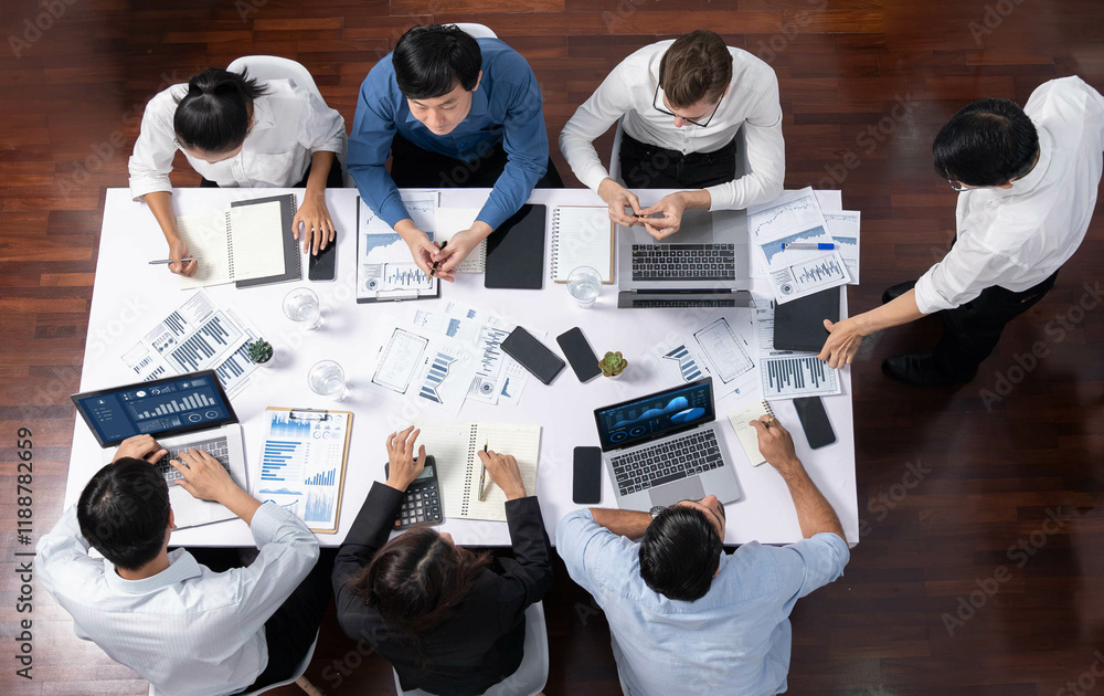 Poster top view analyst team utilizing bi fintech to analyze financial data at table in meeting room. analy