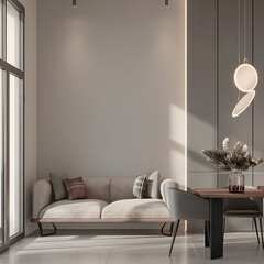 Aesthetic elegant minimalist modern interior design. Clear mock up empty wall for decoration in the apartment. Copy space in the room. Neutral palette of natural colors.