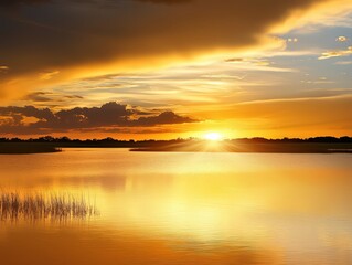 Obraz premium Golden sunset serenades over tranquil waters and silhouetted reeds at dusk