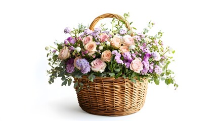 48. Elegant flower basket filled with fragrant blooms, placed against a crisp white background for festive gifting