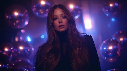 Attractive Woman Posing at Disco Party, Surrounded by Shiny Disco Balls, Nightlife and Entertainment