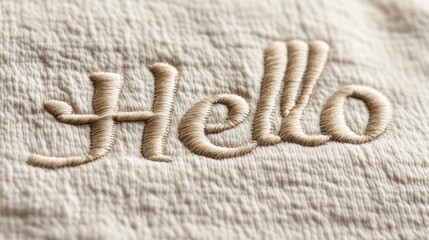 Close-up of beige embroidered "Hello" on cream fabric.