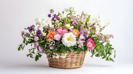 50. A serene and beautiful floral basket on a white background, perfect for gifting during auspicious occasions
