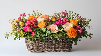 51. A basket of mixed flowers with a white backdrop, ideal for weddings, anniversaries, or celebratory events