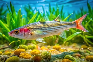 Young Mullet Fish Foraging Eelgrass Algae Underwater Scene - High-Resolution Stock Photo