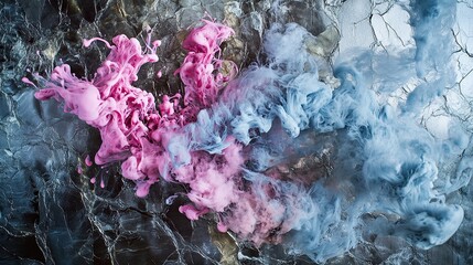 **Explosion-like sprays of magenta ink blending sinuously into soft streams of pastel blue-gray smoke