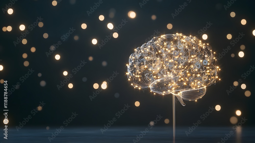 Poster glowing brain unlocking with gears and lights symbolizing intellectual potential and innovative