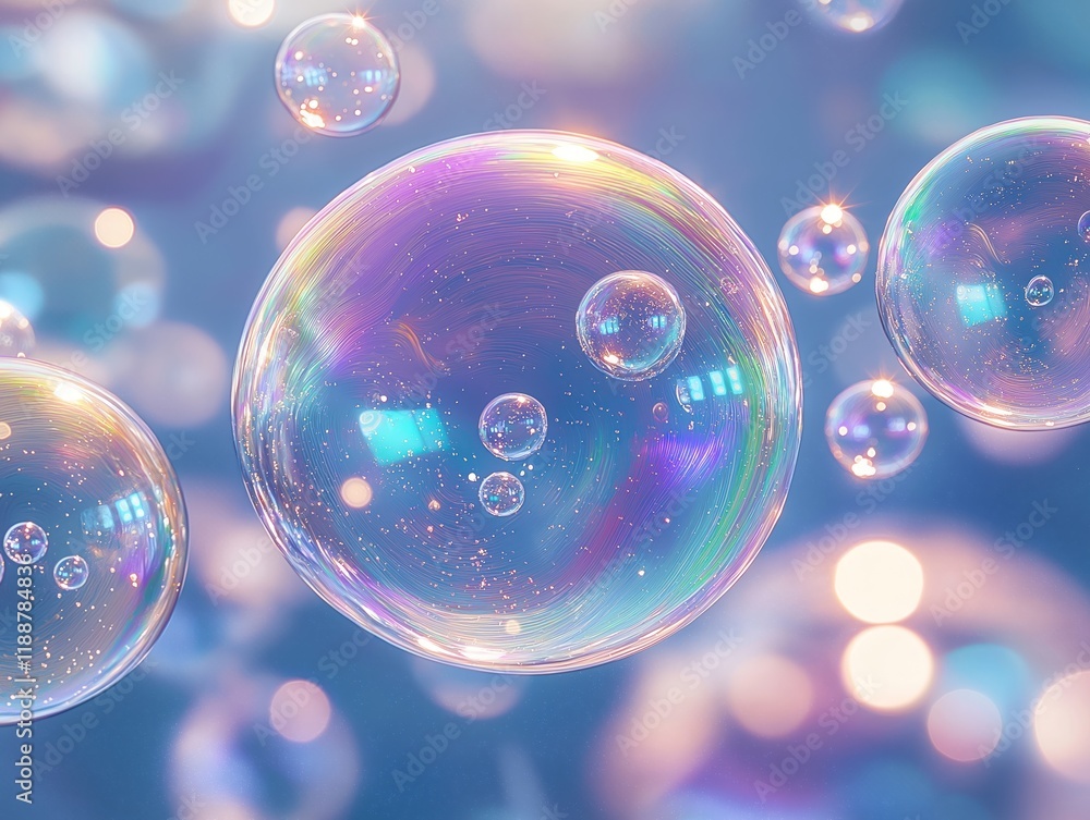 Poster close-up view of iridescent soap bubbles. light refracts beautifully through bubbles creating rainbo