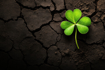 Naklejka premium Good luck, A glowing four-leaf clover rests in cracked soil, captured in high fidelity, showcasing nature's beauty and uniqueness in this detailed image.