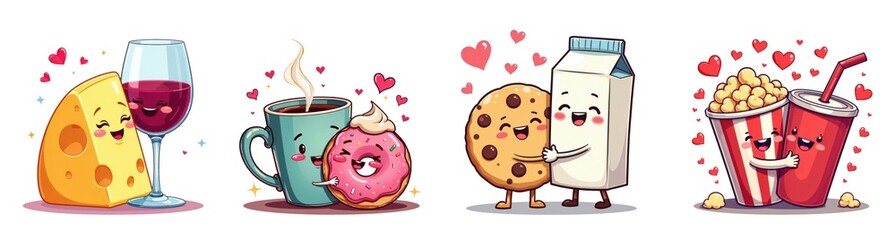 Adorable food and drink character pairs, including cheese and wine, coffee and donut, cookie and milk, and popcorn and soda, perfect for playful designs, valentines card