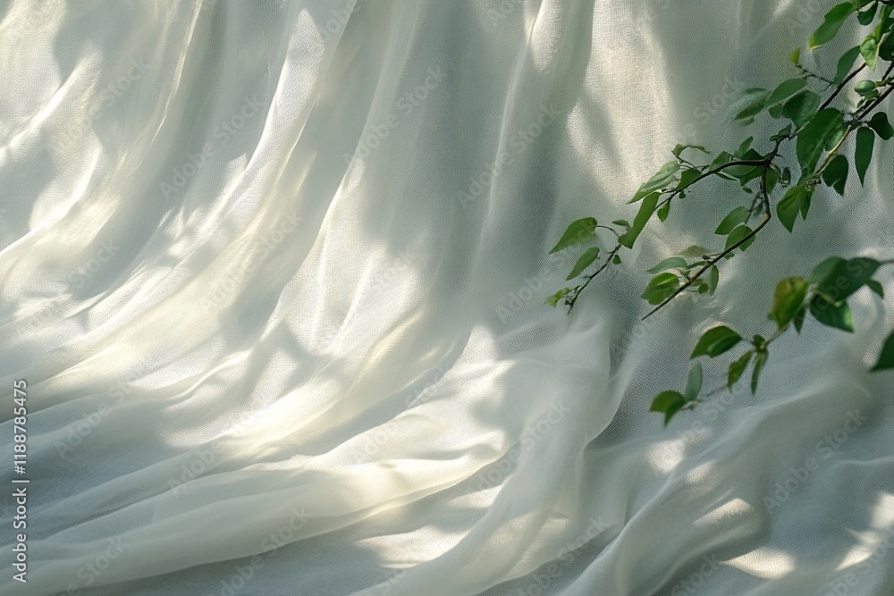 Poster sunlight filters through sheer fabric draped with greenery