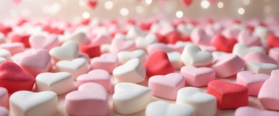 Heart-shaped marshmallows scattered on a festive surface