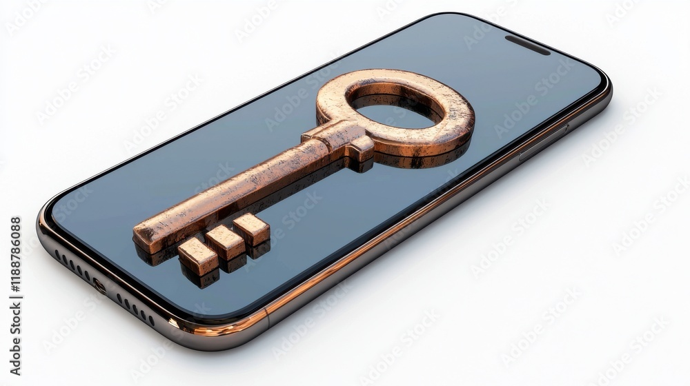 Aufkleber a smartphone with a large, metallic key resting on its screen, symbolizing security and access in th