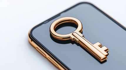 A close-up of a golden key resting on a sleek black smartphone surface, symbolizing security and access in the digital age.