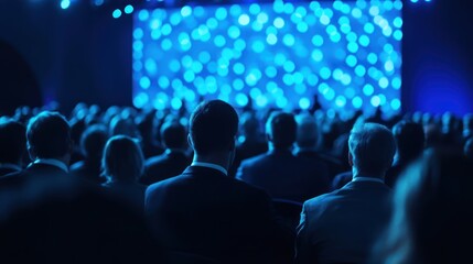 Audience at a conference, viewed from behind, looking at a large screen with blue bokeh lights.