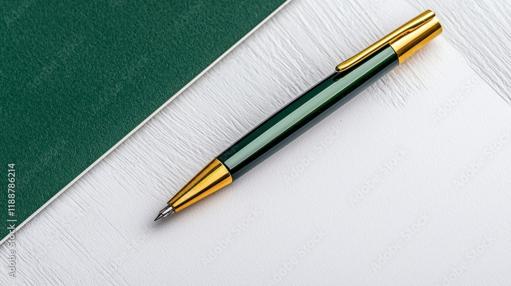 Poster a sleek green pen with a gold accent rests on a white surface next to a green notebook, creating a s