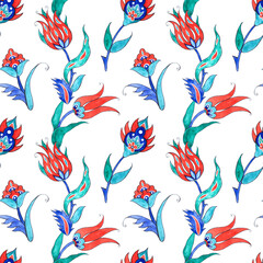 Turkish tulip flowers and leaves, fantasy decor element. Seamless pattern of watercolor illustrations in oriental style. For design, souvenirs, printing, textiles, wallpaper