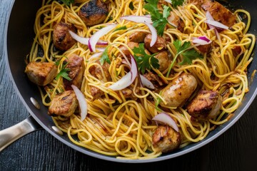 Pasta dish, spaghetti with meatballs, skillet, rustic, overhead view, fresh herbs, parmesan cheese, garlic, olive oil, steam, comfort food, Italian cuisine, home cooking, rich colors, food photography