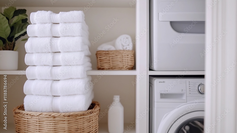 Poster neatly stacked soft and fluffy towels in a clean laundry room setting